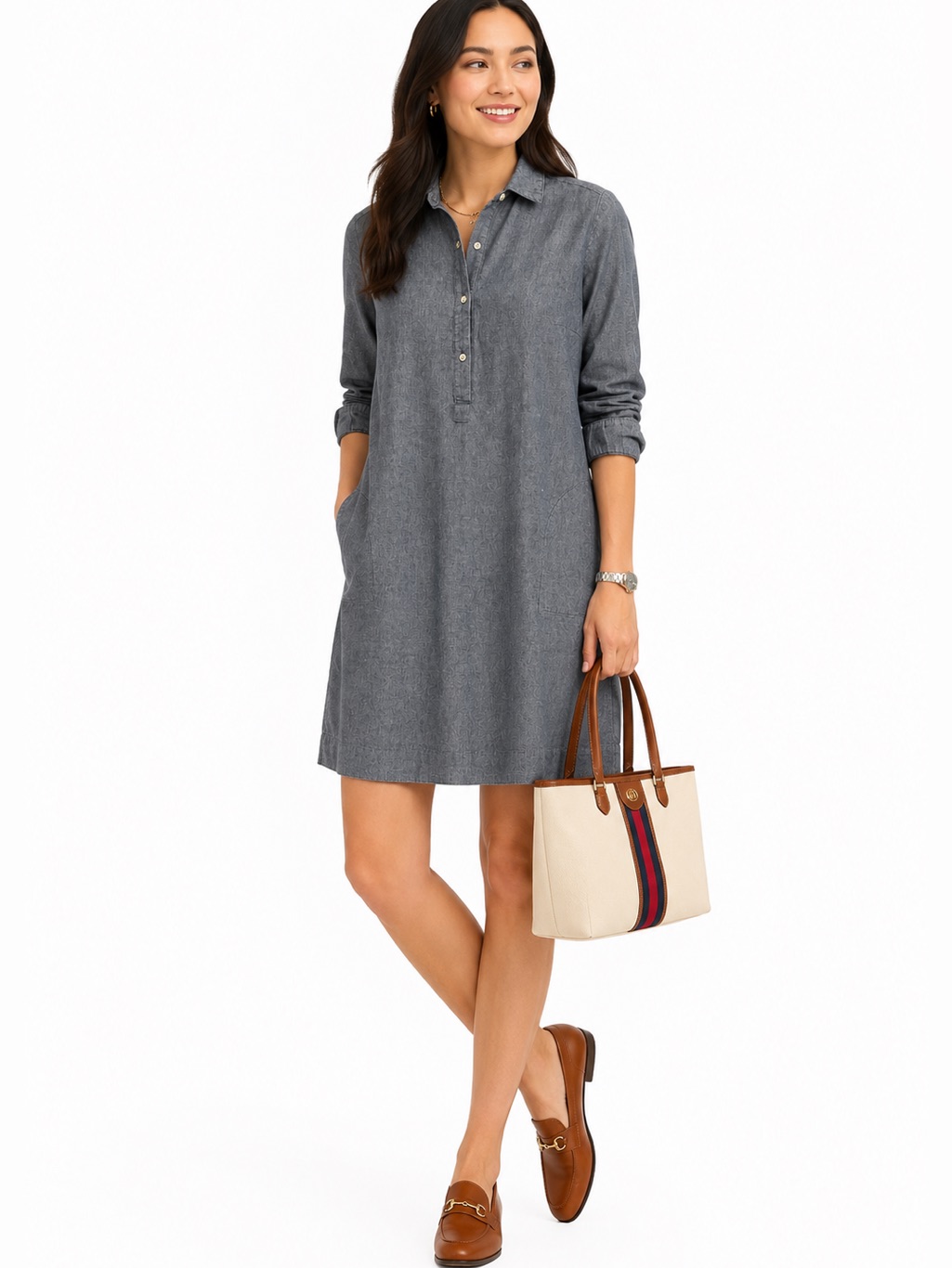 J. Jill Blue Denim Cotton Shirt Dress Roll Tab Sleeves Women M Preppy Pockets